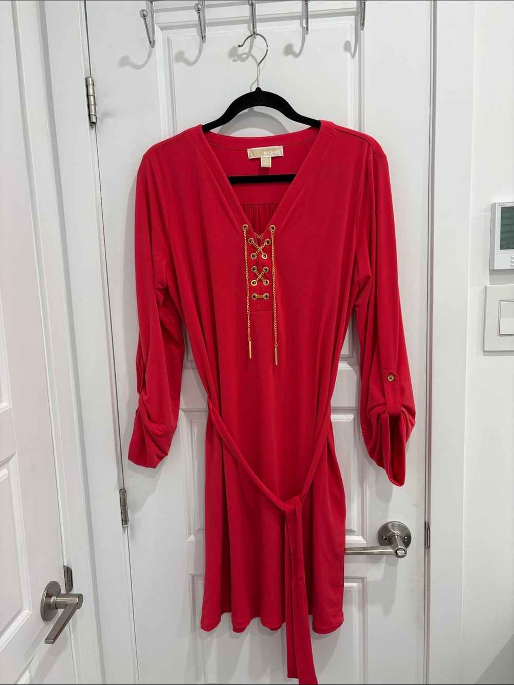 Michael Kors Red Lace-Up V-Neck Long Sleeve Dress